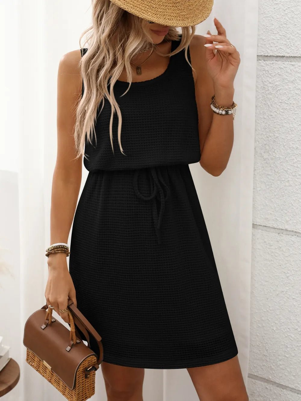 Waffle - Knit Drawstring Mini Tank Dress - BlissfulBody.Boutique