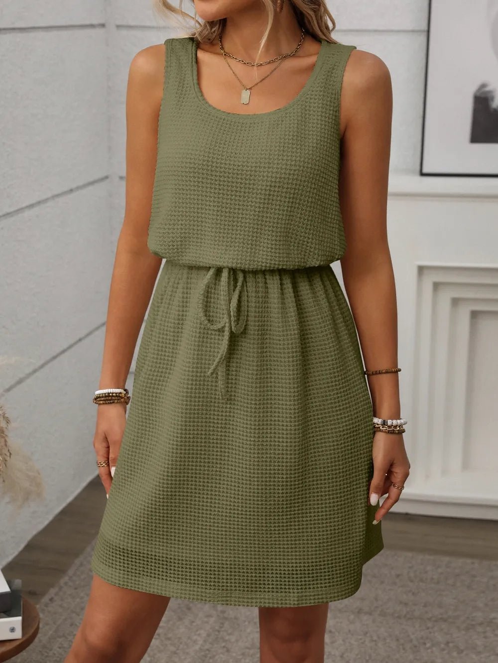 Waffle - Knit Drawstring Mini Tank Dress - BlissfulBody.Boutique