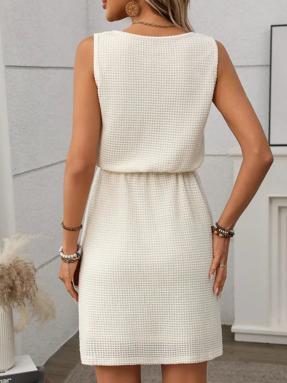 Waffle - Knit Drawstring Mini Tank Dress - BlissfulBody.Boutique