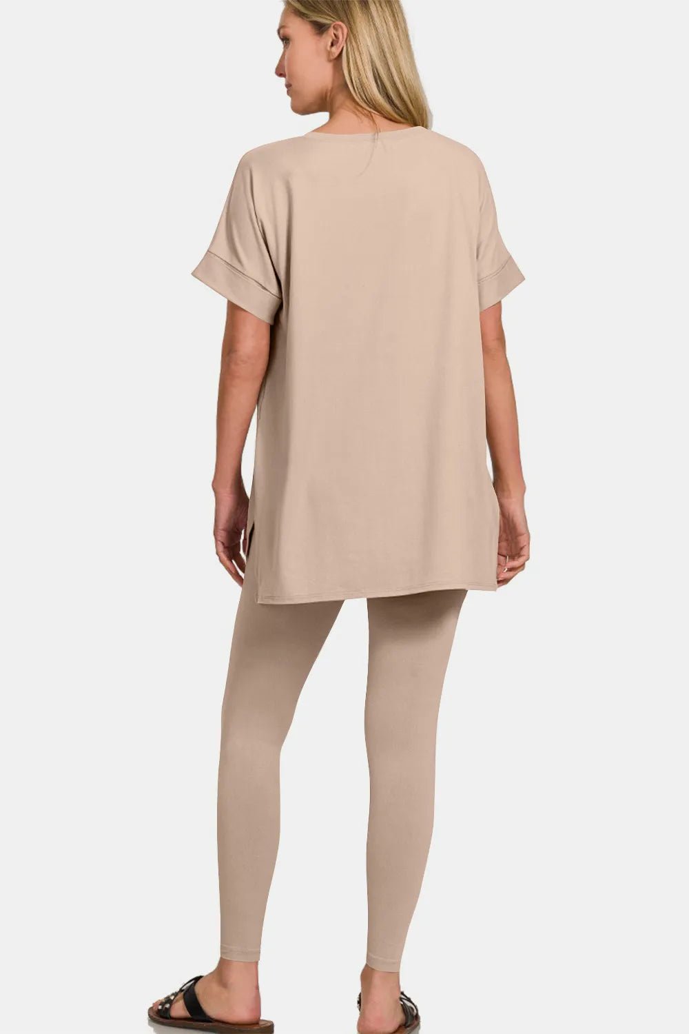 Zenana Full Size V - Neck Rolled Short Sleeve T-Shirt and Leggings Lounge Set - BlissfulBody.Boutique