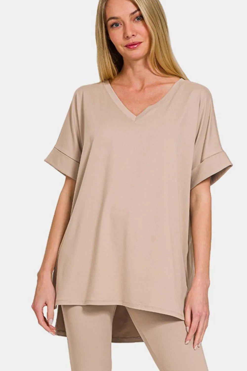 Zenana Full Size V - Neck Rolled Short Sleeve T-Shirt and Leggings Lounge Set - BlissfulBody.Boutique