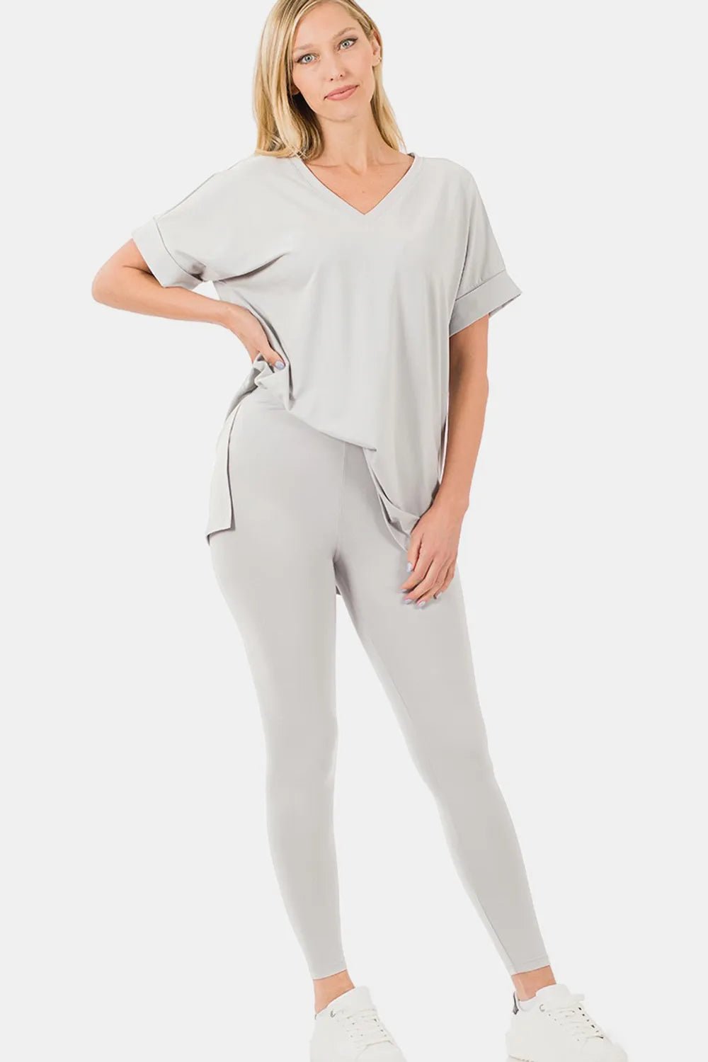 Zenana V - Neck Rolled Short Sleeve T-Shirt and Leggings Lounge Set - BlissfulBody.Boutique