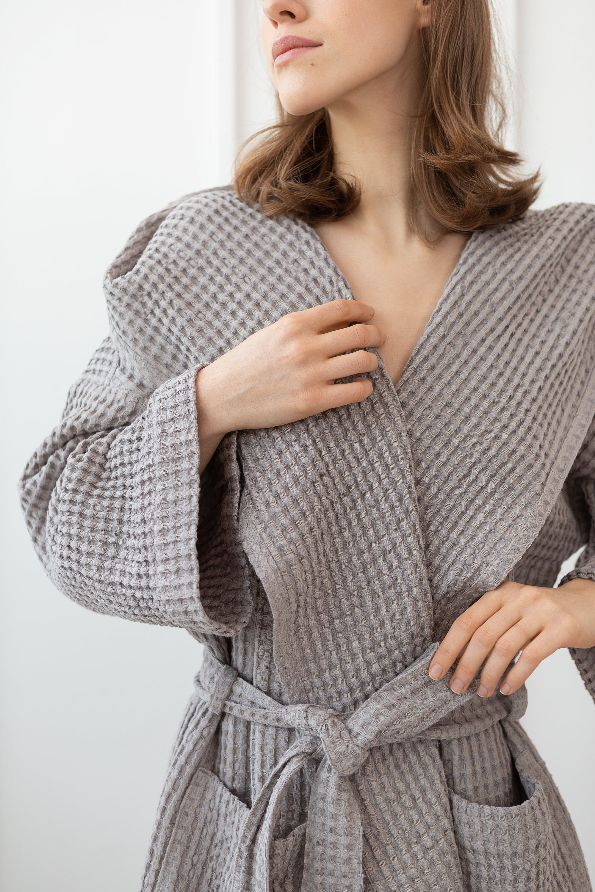 Plum Waffle Linen Hooded Robe
