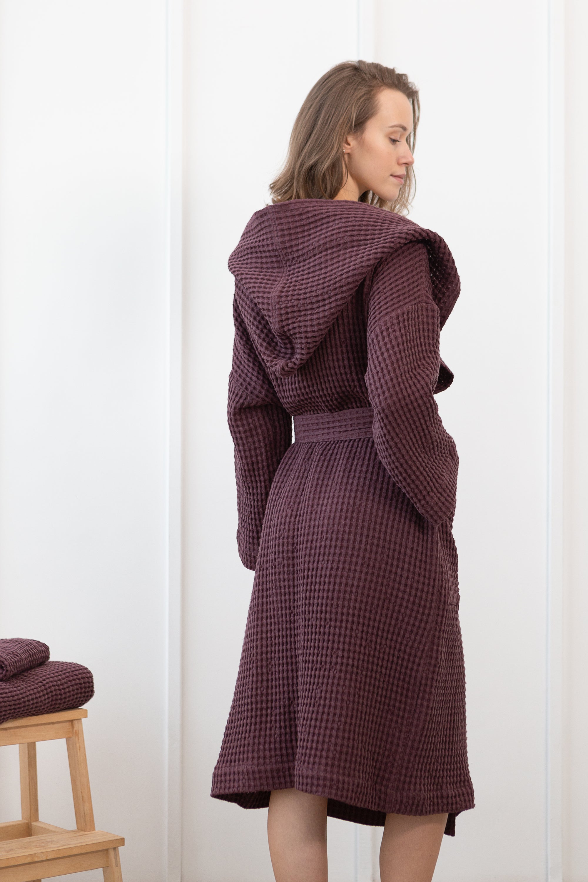 Plum Waffle Linen Hooded Robe