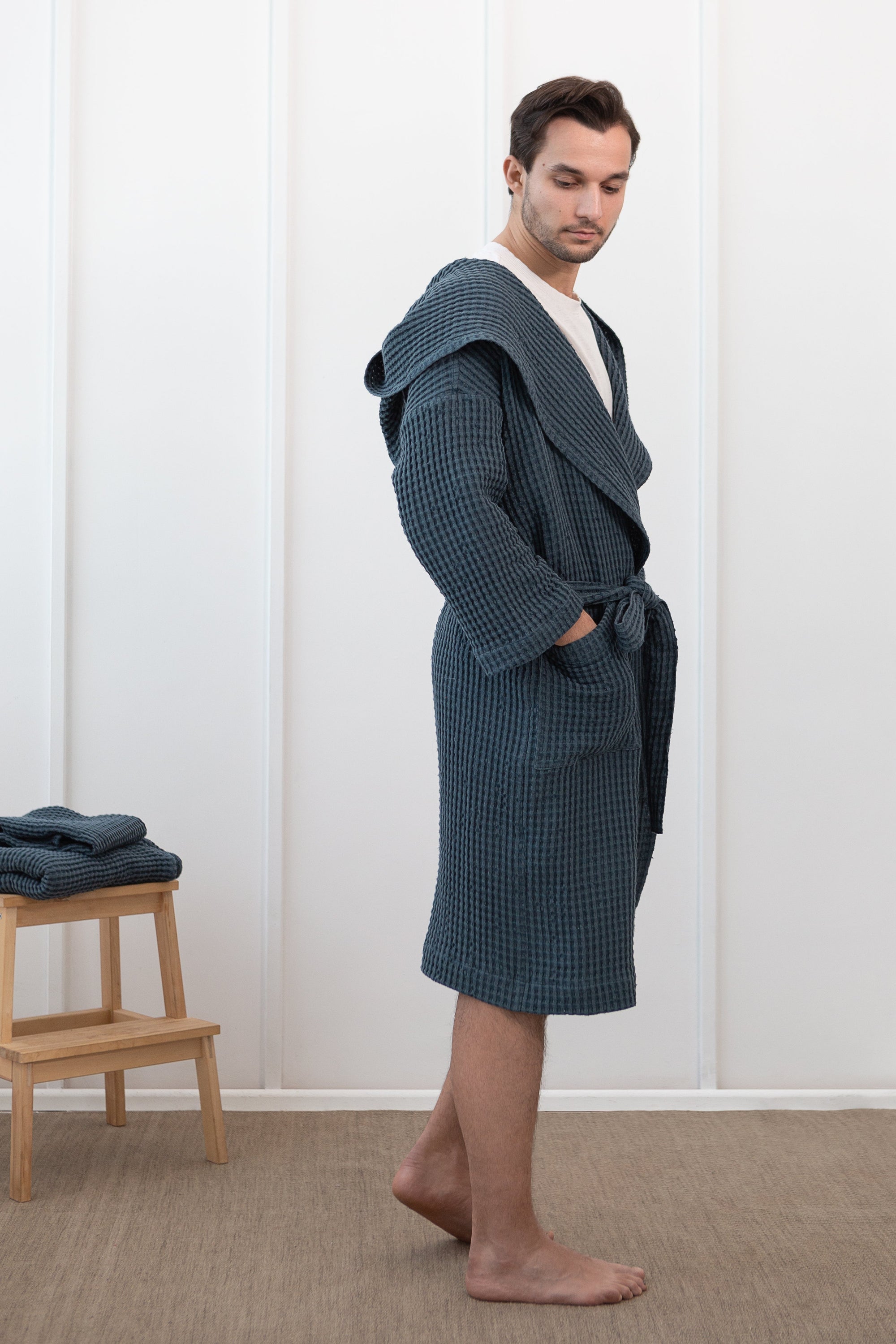 Plum Waffle Linen Hooded Robe