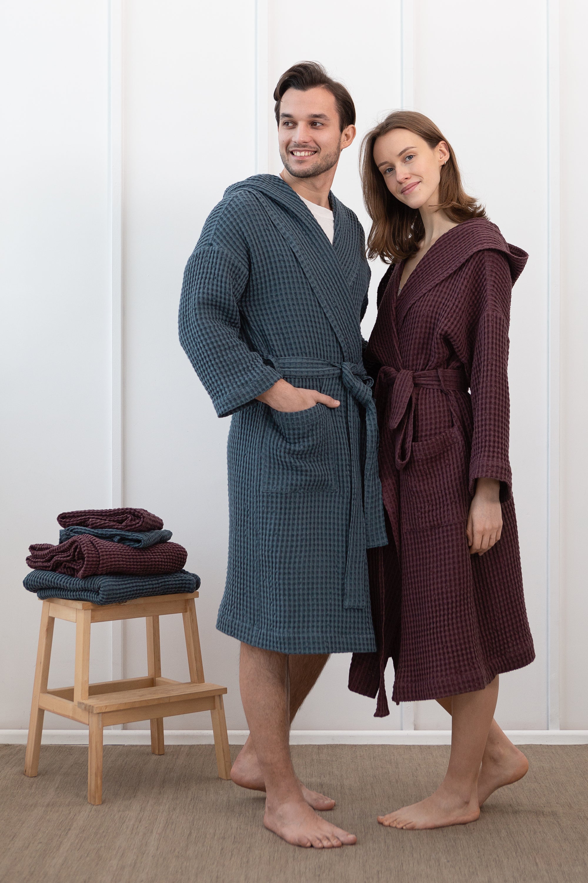 Plum Waffle Linen Hooded Robe