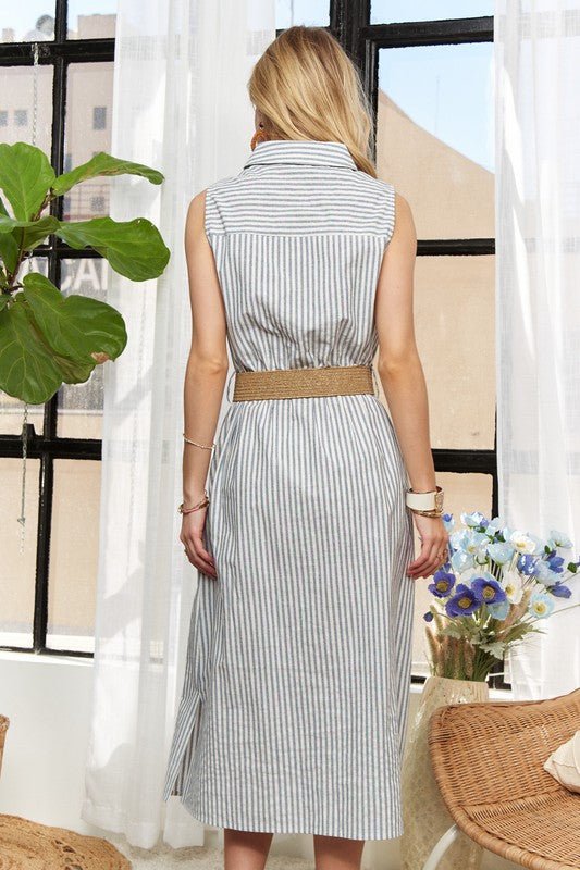 ADORA Striped Button Down Sleeveless Midi Dress - BlissfulBody.Boutique