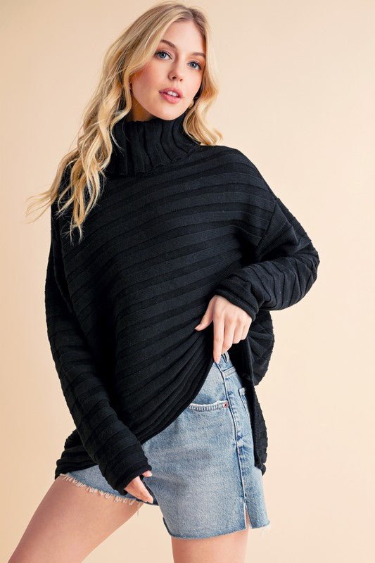 Aemi + Co Asymmetrical Side Slit Turtleneck Sweater - BlissfulBody.Boutique