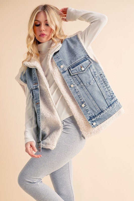 Aemi + Co Fake Two Pieces Denim Patch Sherpa Vest Coat - BlissfulBody.Boutique