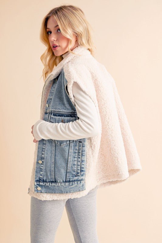 Aemi + Co Fake Two Pieces Denim Patch Sherpa Vest Coat - BlissfulBody.Boutique