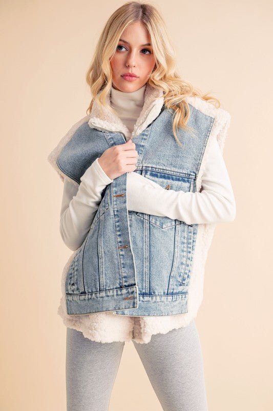 Aemi + Co Fake Two Pieces Denim Patch Sherpa Vest Coat - BlissfulBody.Boutique