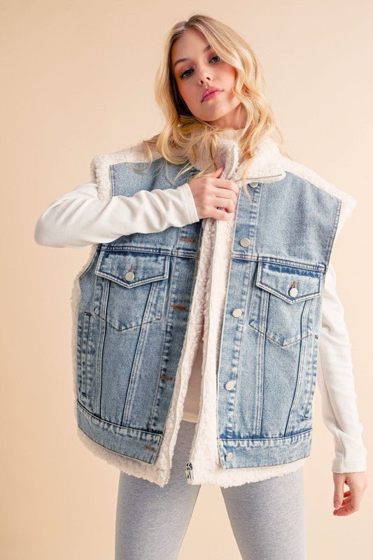 Aemi + Co Fake Two Pieces Denim Patch Sherpa Vest Coat - BlissfulBody.Boutique