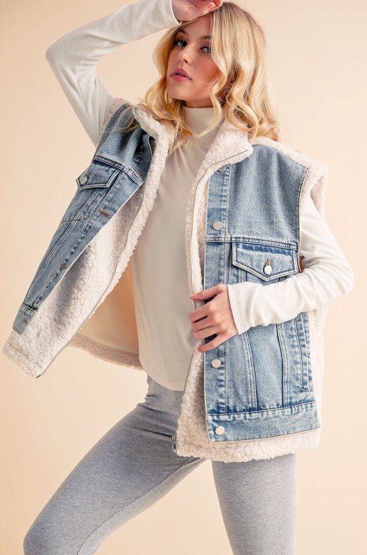 Aemi + Co Fake Two Pieces Denim Patch Sherpa Vest Coat - BlissfulBody.Boutique