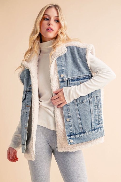 Aemi + Co Fake Two Pieces Denim Patch Sherpa Vest Coat - BlissfulBody.Boutique