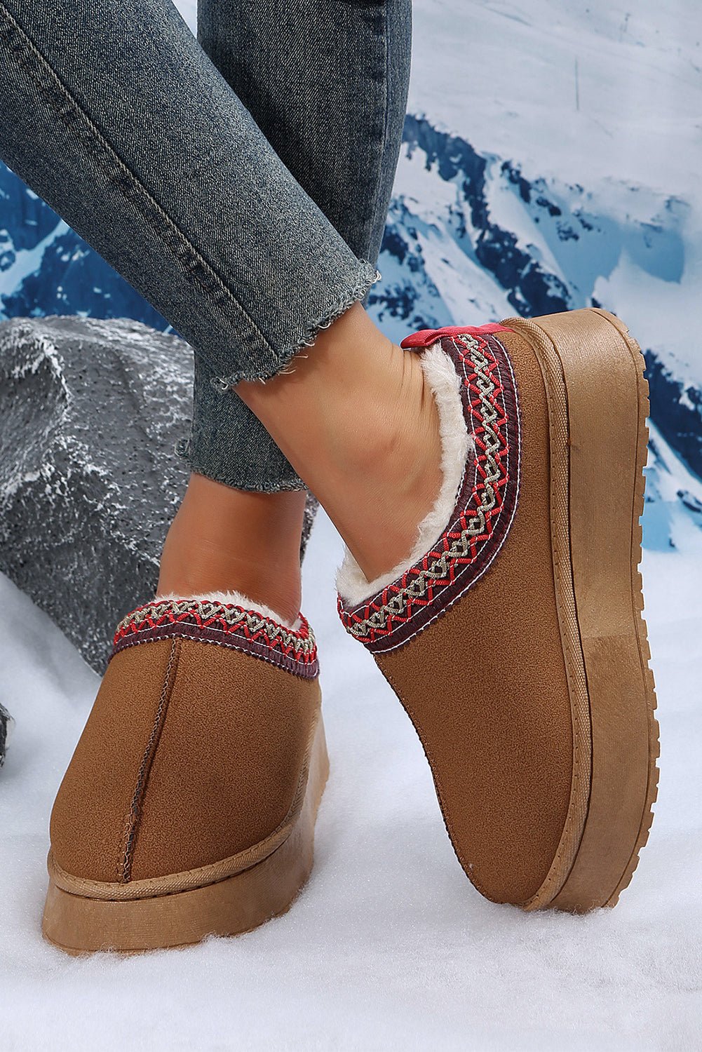 Chestnut Suede Contrast Print Plush Lined Snow Boots - BlissfulBody.Boutique