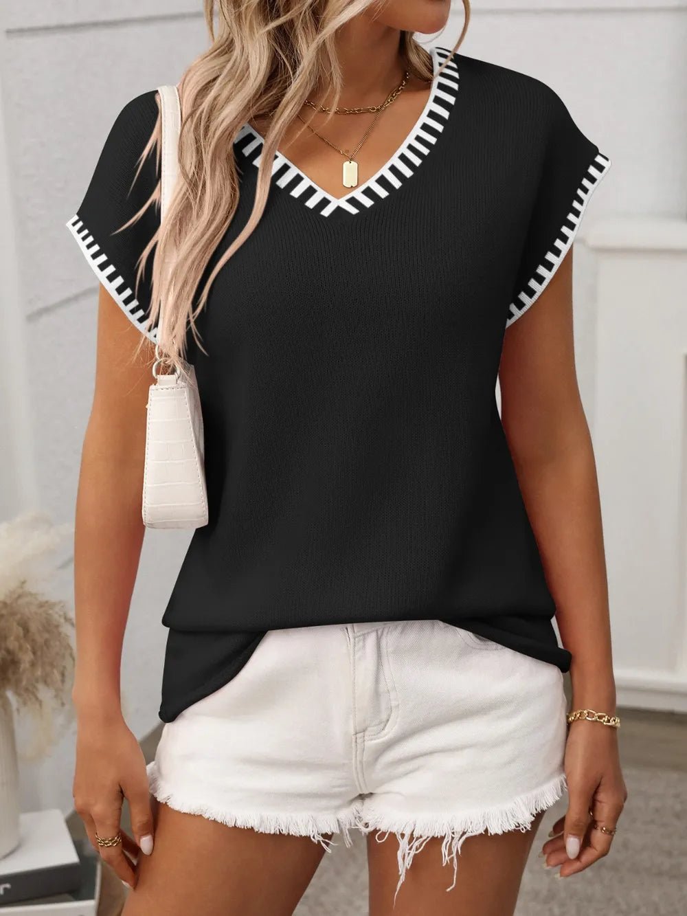 Contrast Trim V - Neck Short Sleeve Knit Top - BlissfulBody.Boutique