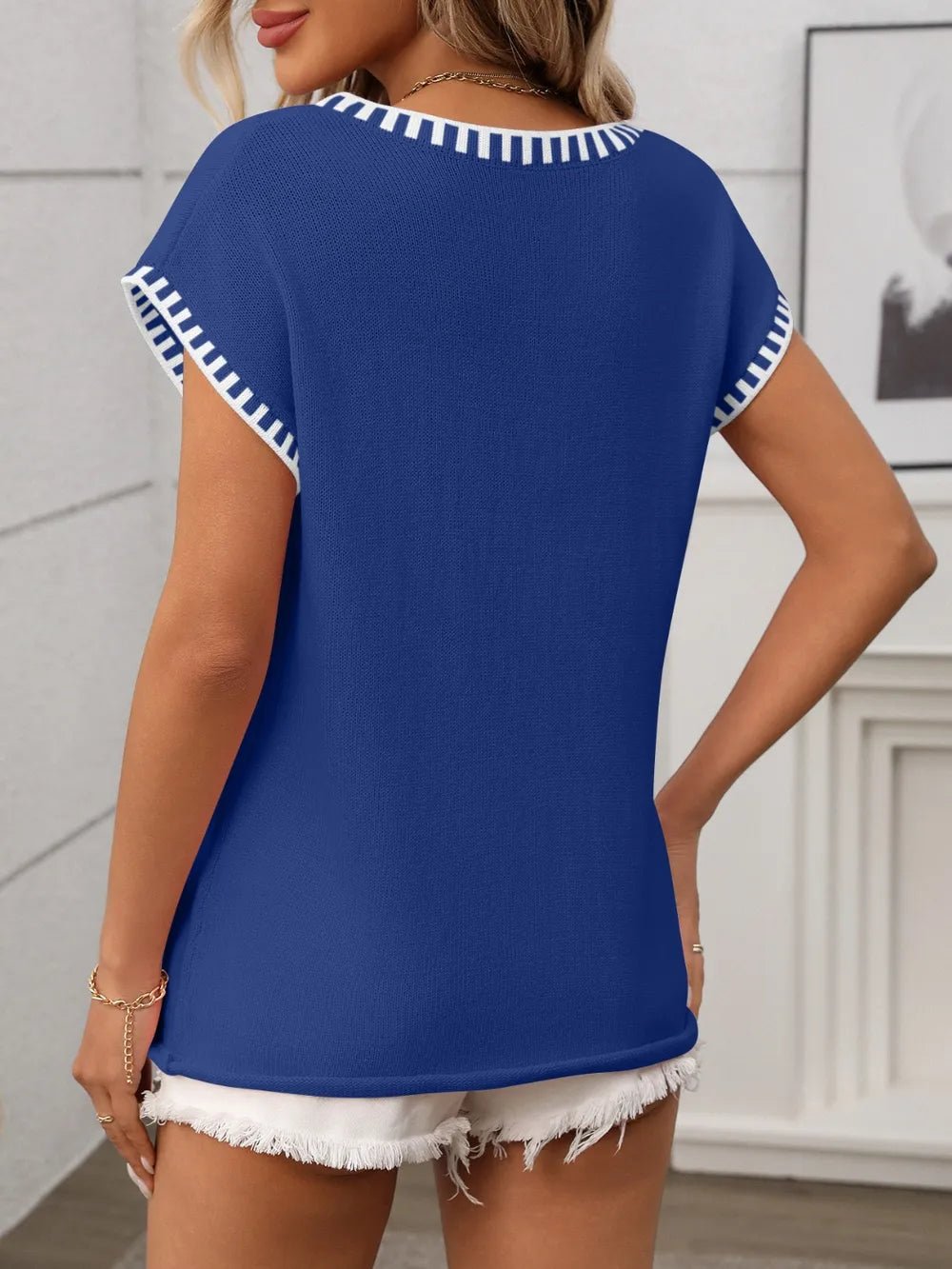 Contrast Trim V - Neck Short Sleeve Knit Top - BlissfulBody.Boutique