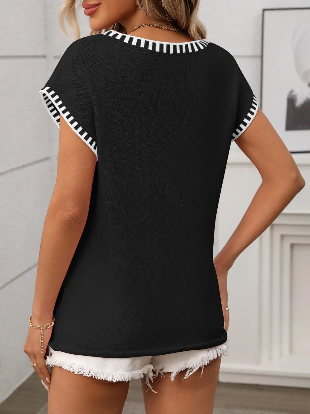 Contrast Trim V - Neck Short Sleeve Knit Top - BlissfulBody.Boutique