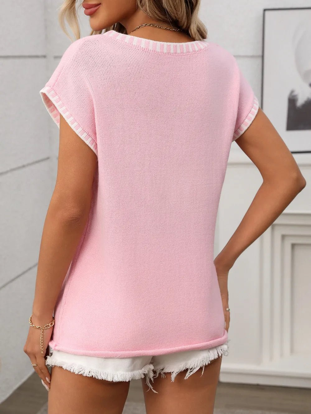 Contrast Trim V - Neck Short Sleeve Knit Top - BlissfulBody.Boutique
