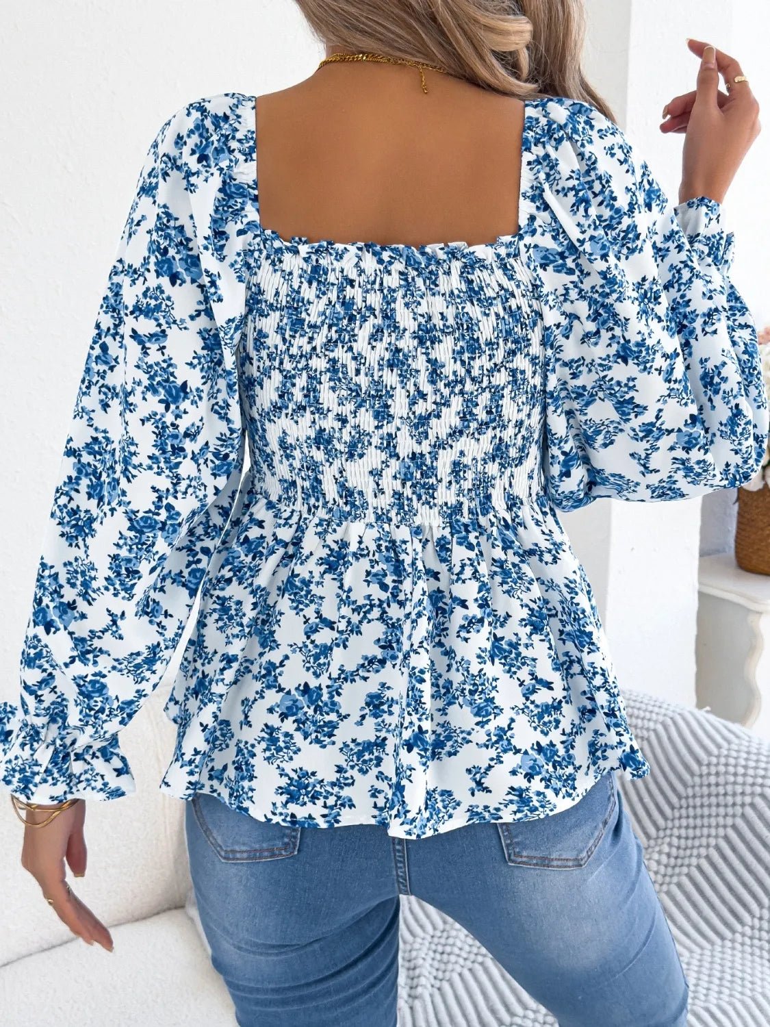 Floral Square Neck Flounce Sleeve Blouse - BlissfulBody.Boutique