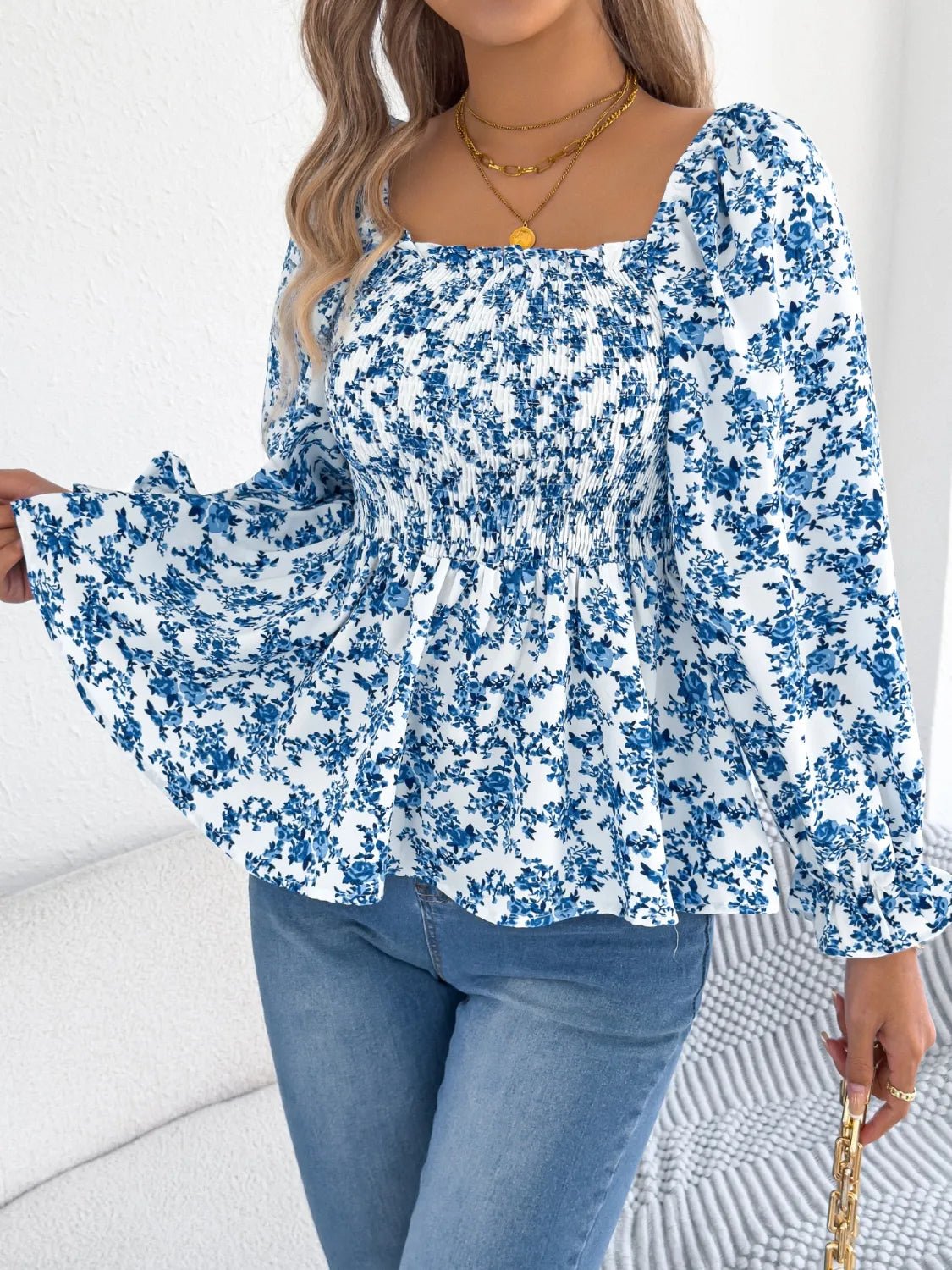 Floral Square Neck Flounce Sleeve Blouse - BlissfulBody.Boutique