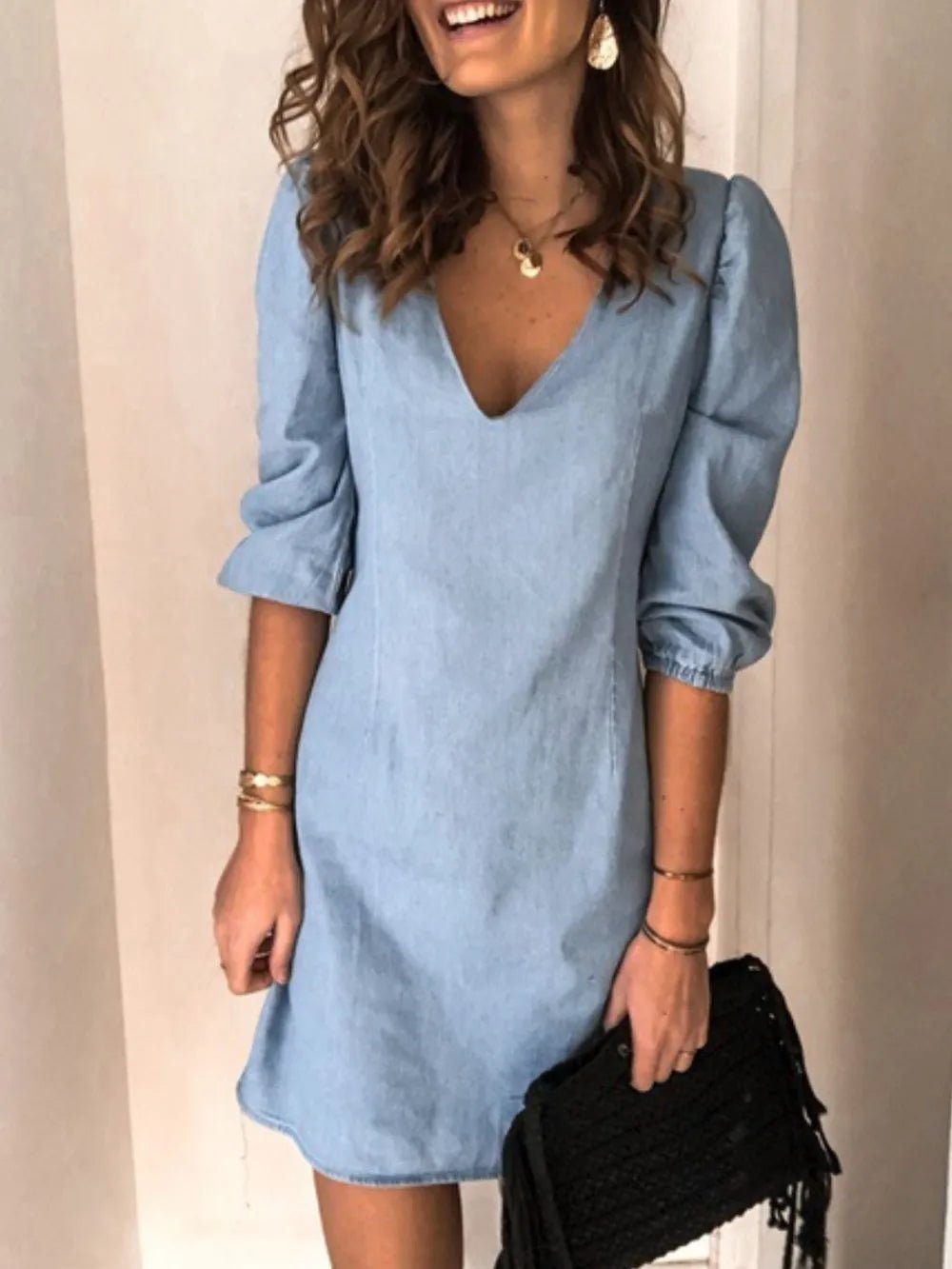 Full Size V - Neck Half Sleeve Dress - BlissfulBody.Boutique