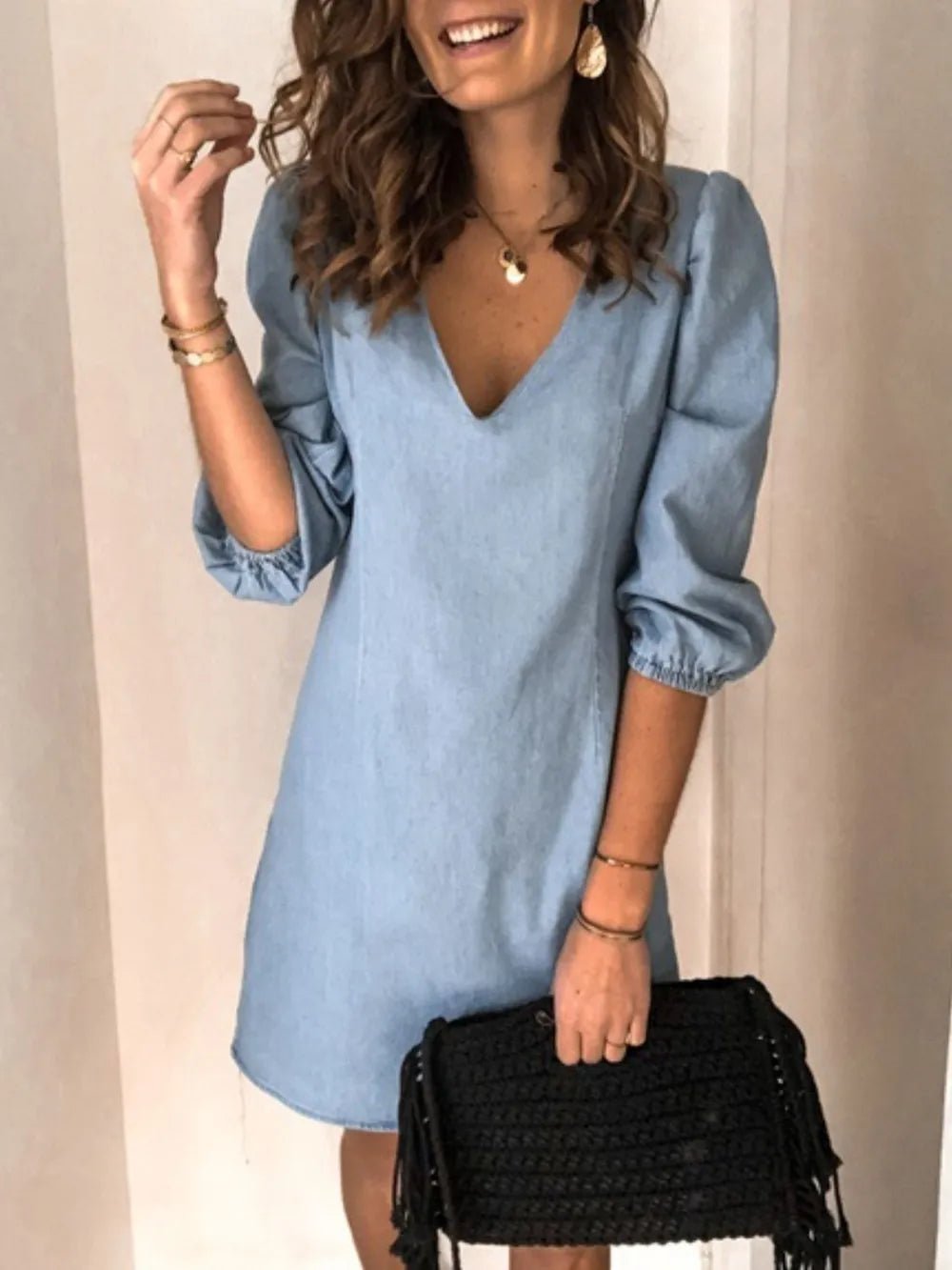 Full Size V - Neck Half Sleeve Dress - BlissfulBody.Boutique