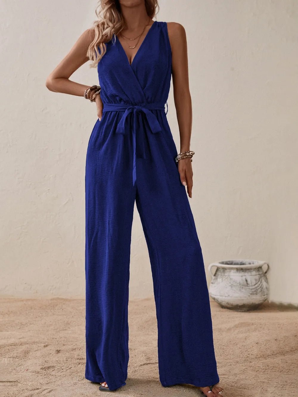 Honey Tied Surplice Sleeveless Wide Leg Jumpsuit - BlissfulBody.Boutique