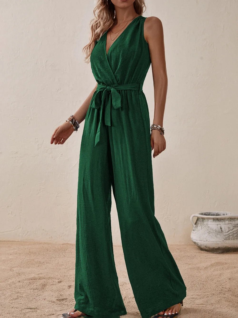 Honey Tied Surplice Sleeveless Wide Leg Jumpsuit - BlissfulBody.Boutique