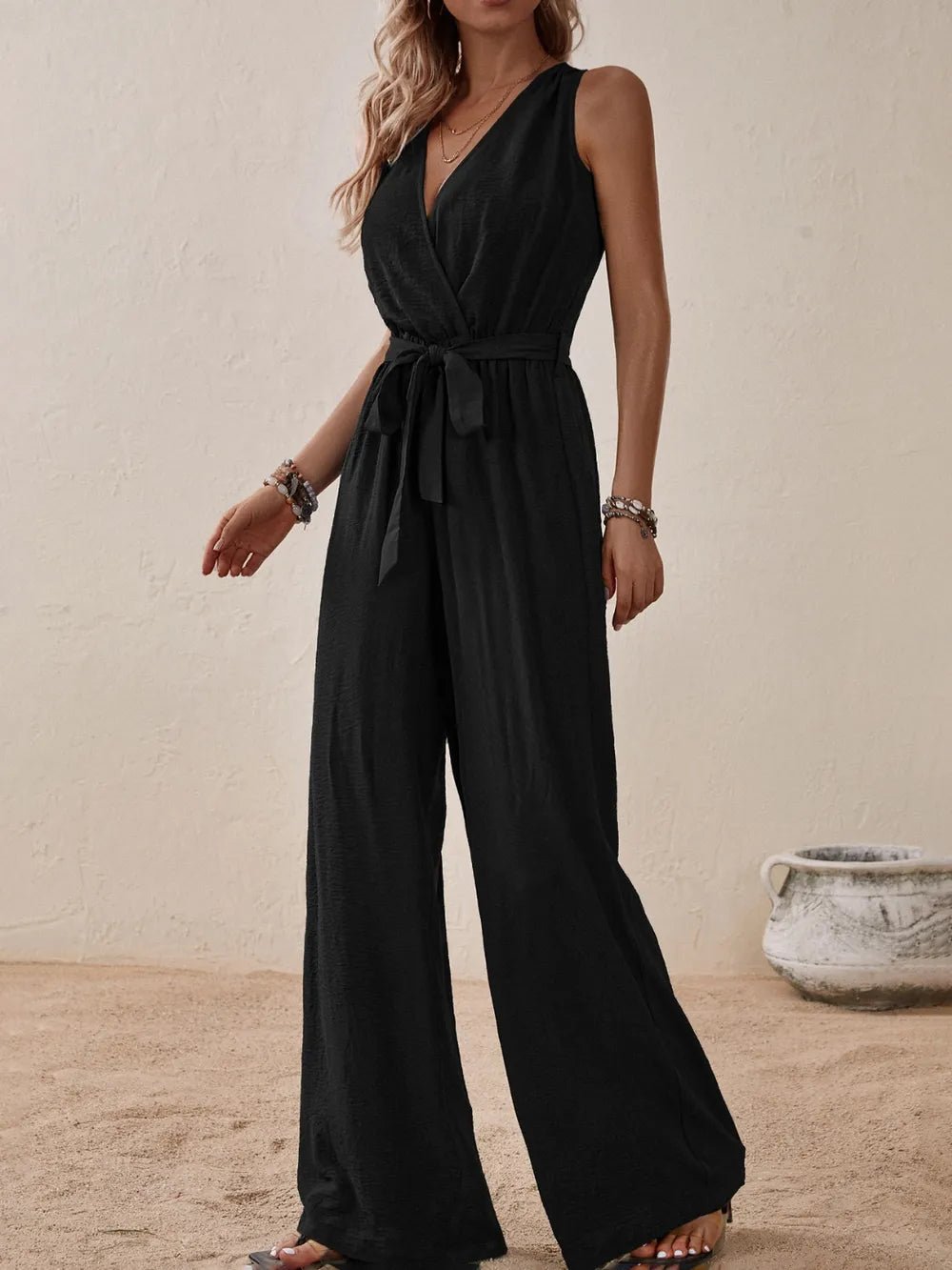 Honey Tied Surplice Sleeveless Wide Leg Jumpsuit - BlissfulBody.Boutique