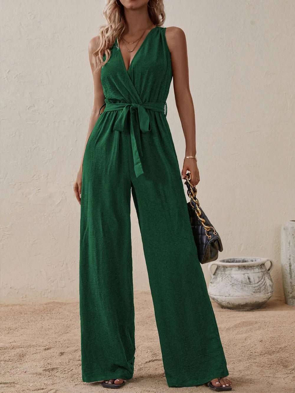 Honey Tied Surplice Sleeveless Wide Leg Jumpsuit - BlissfulBody.Boutique