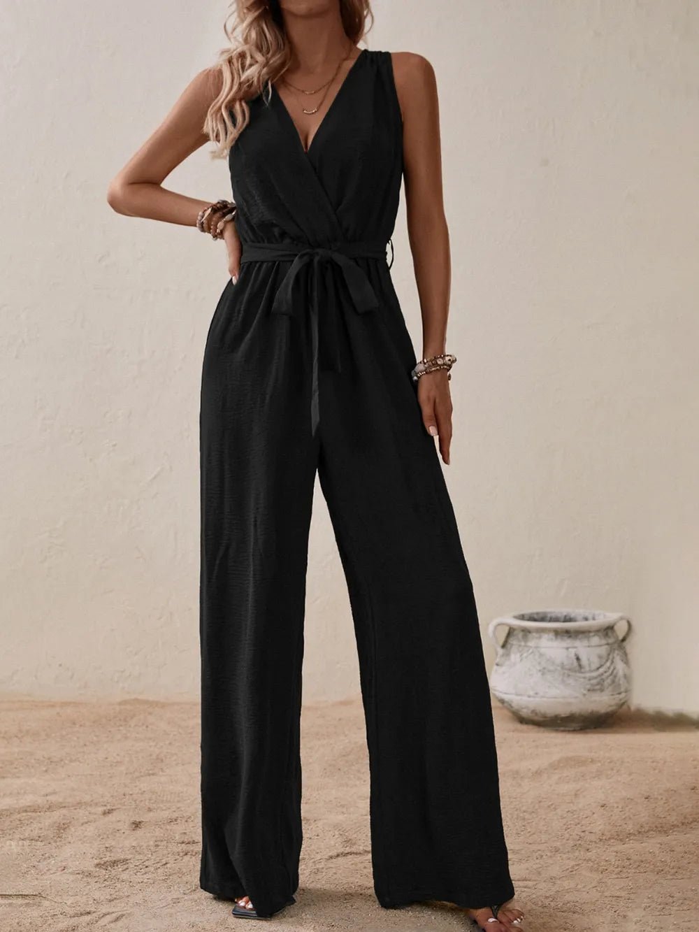 Honey Tied Surplice Sleeveless Wide Leg Jumpsuit - BlissfulBody.Boutique