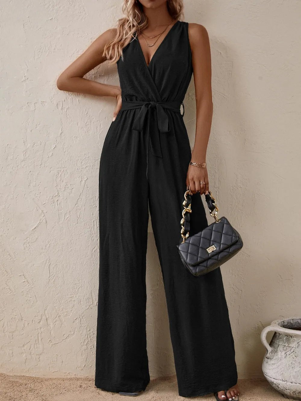 Honey Tied Surplice Sleeveless Wide Leg Jumpsuit - BlissfulBody.Boutique