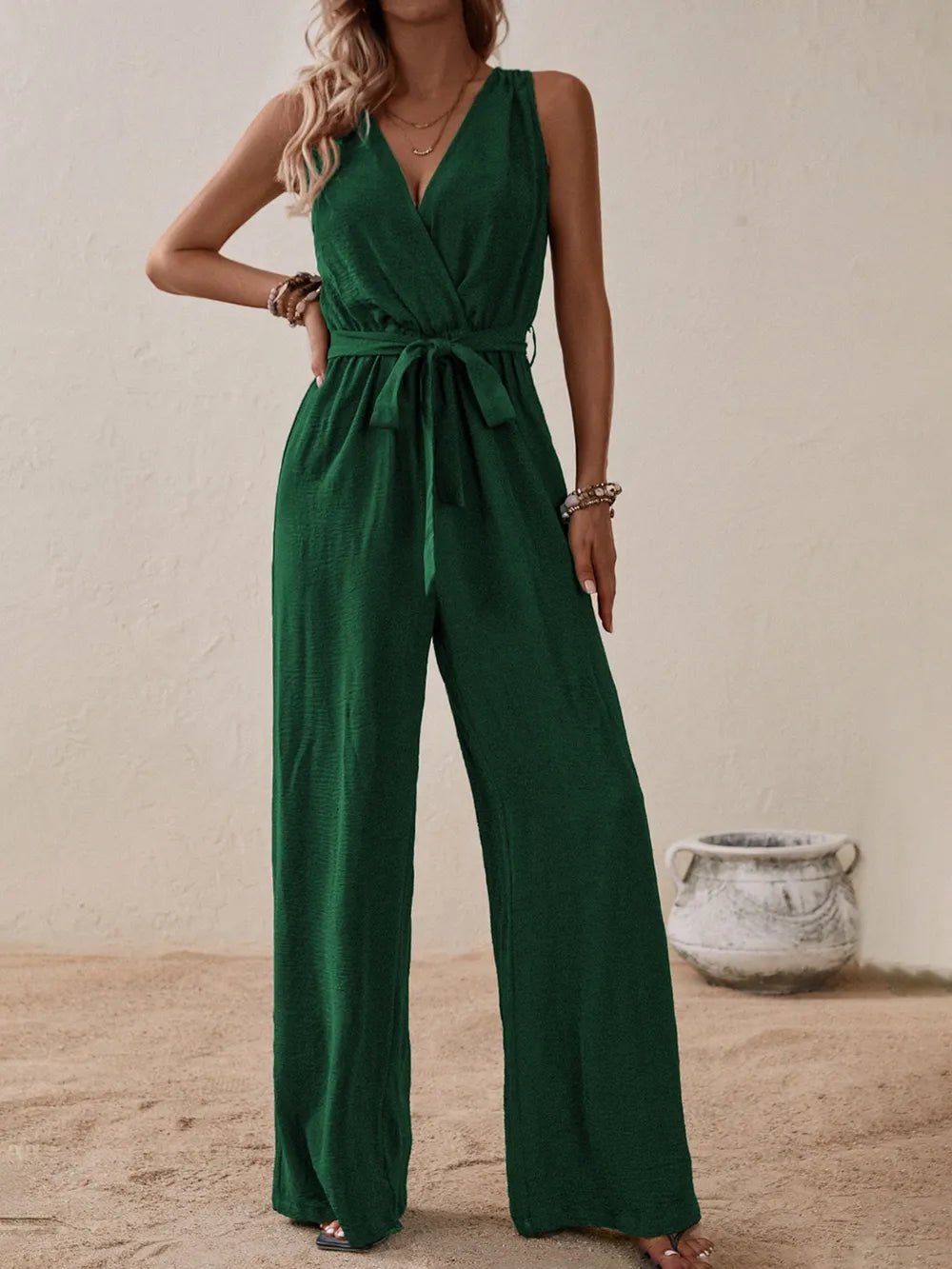 Honey Tied Surplice Sleeveless Wide Leg Jumpsuit - BlissfulBody.Boutique