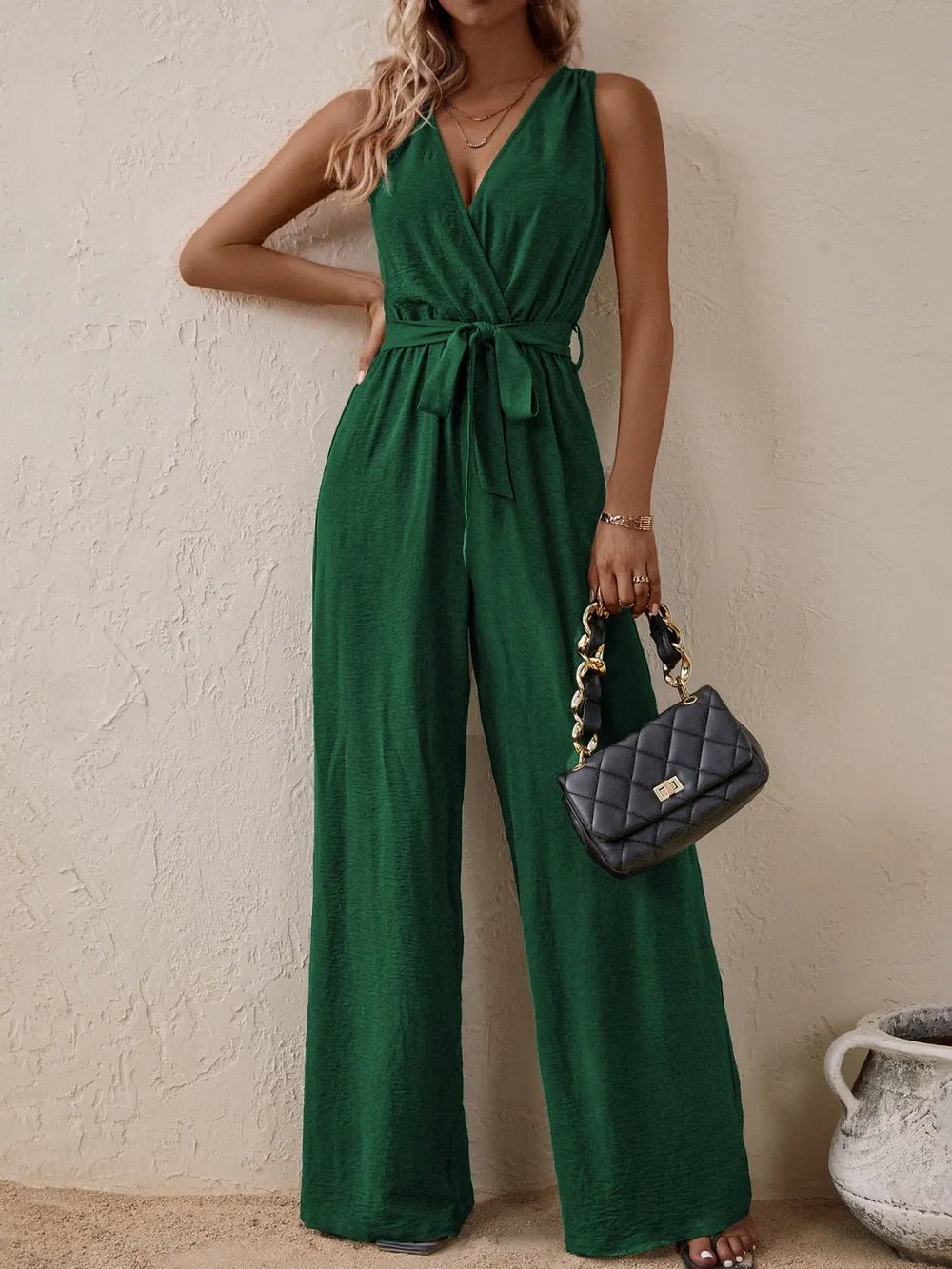 Honey Tied Surplice Sleeveless Wide Leg Jumpsuit - BlissfulBody.Boutique