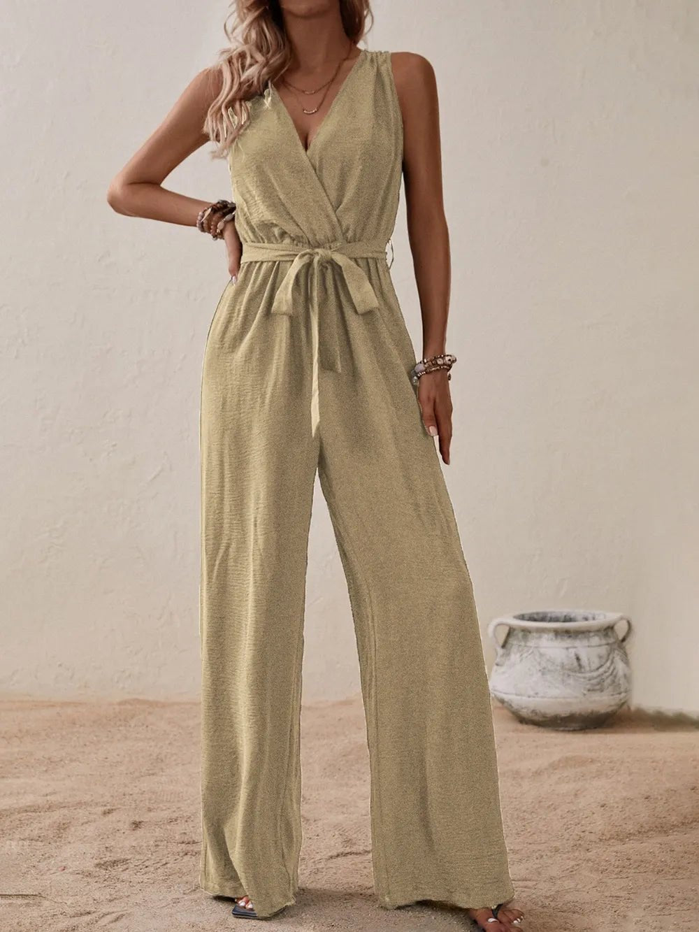 Honey Tied Surplice Sleeveless Wide Leg Jumpsuit - BlissfulBody.Boutique