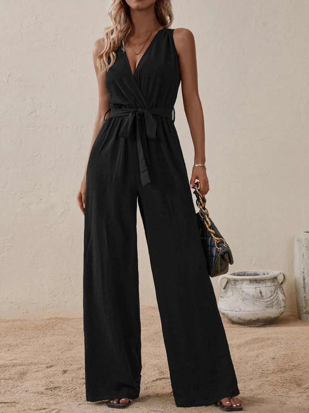 Honey Tied Surplice Sleeveless Wide Leg Jumpsuit - BlissfulBody.Boutique