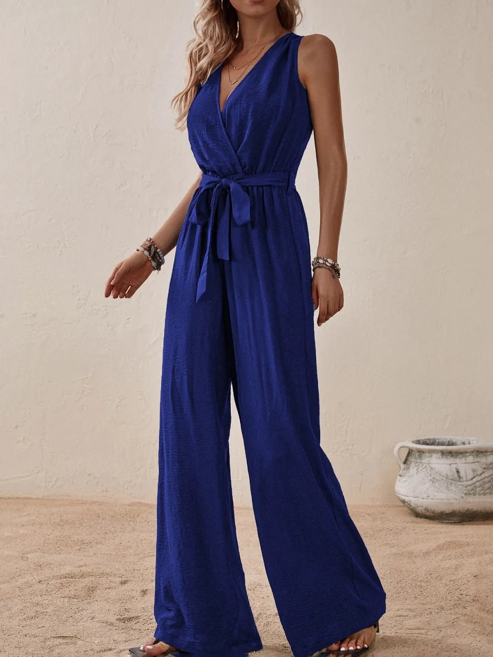 Honey Tied Surplice Sleeveless Wide Leg Jumpsuit - BlissfulBody.Boutique