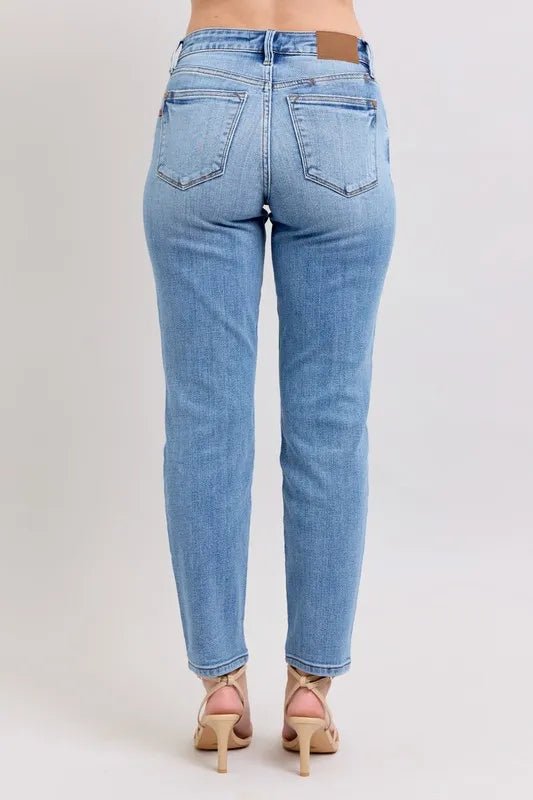 Judy Blue Full Size Mid Rise Vintage Wash Slim Jeans with Cell Phone Pocket Plus Size - BlissfulBody.Boutique