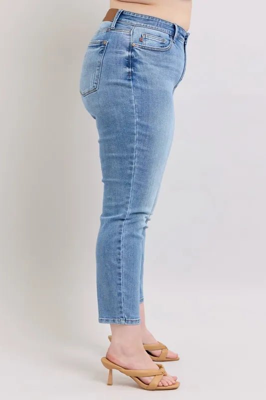 Judy Blue Full Size Mid Rise Vintage Wash Slim Jeans with Cell Phone Pocket Plus Size - BlissfulBody.Boutique
