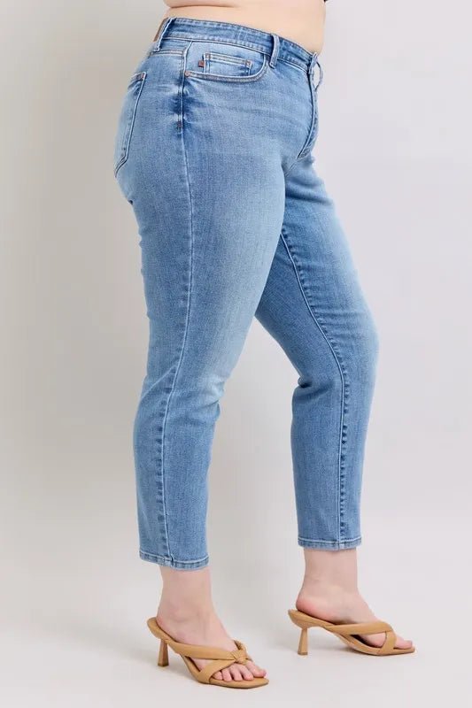 Judy Blue Full Size Mid Rise Vintage Wash Slim Jeans with Cell Phone Pocket Plus Size - BlissfulBody.Boutique