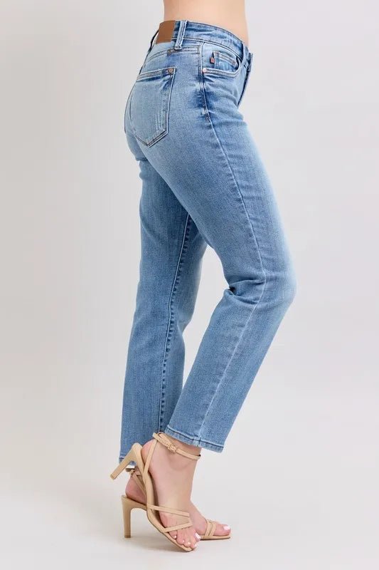 Judy Blue Full Size Mid Rise Vintage Wash Slim Jeans with Cell Phone Pocket Plus Size - BlissfulBody.Boutique