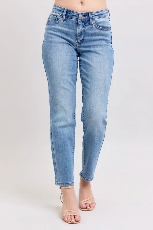 Judy Blue Full Size Mid Rise Vintage Wash Slim Jeans with Cell Phone Pocket Plus Size - BlissfulBody.Boutique