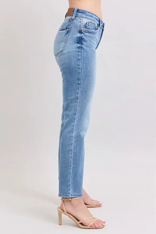 Judy Blue Full Size Mid Rise Vintage Wash Slim Jeans with Cell Phone Pocket Plus Size - BlissfulBody.Boutique