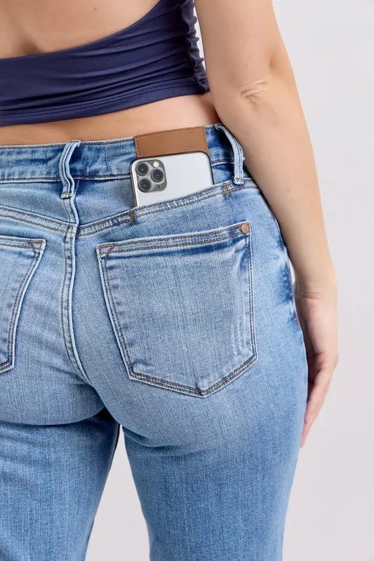 Judy Blue Full Size Mid Rise Vintage Wash Slim Jeans with Cell Phone Pocket Plus Size - BlissfulBody.Boutique