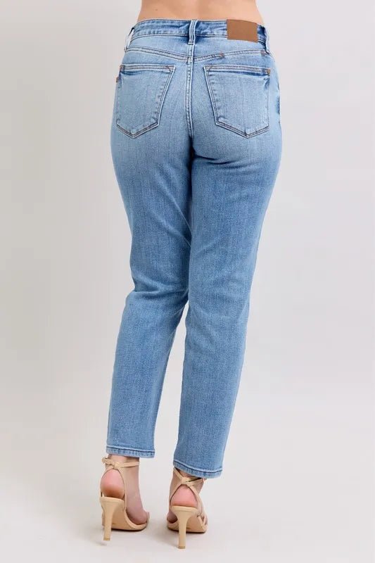 Judy Blue Full Size Mid Rise Vintage Wash Slim Jeans with Cell Phone Pocket Plus Size - BlissfulBody.Boutique