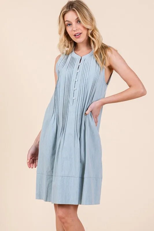 Lime 'N' Chili Denim Pintuck Detail Sleeveless Midi Dress - BlissfulBody.Boutique
