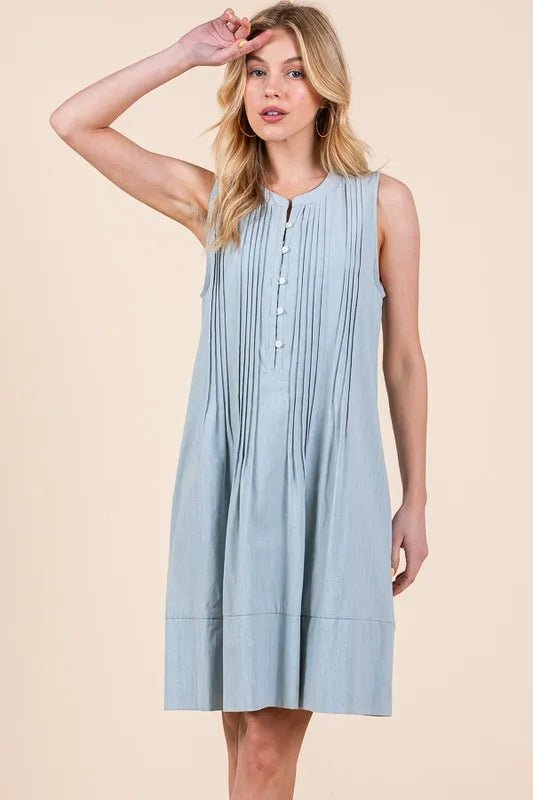 Lime 'N' Chili Denim Pintuck Detail Sleeveless Midi Dress - BlissfulBody.Boutique