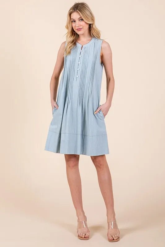 Lime 'N' Chili Denim Pintuck Detail Sleeveless Midi Dress - BlissfulBody.Boutique