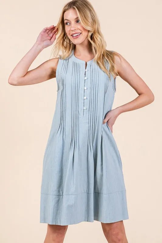 Lime 'N' Chili Denim Pintuck Detail Sleeveless Midi Dress - BlissfulBody.Boutique